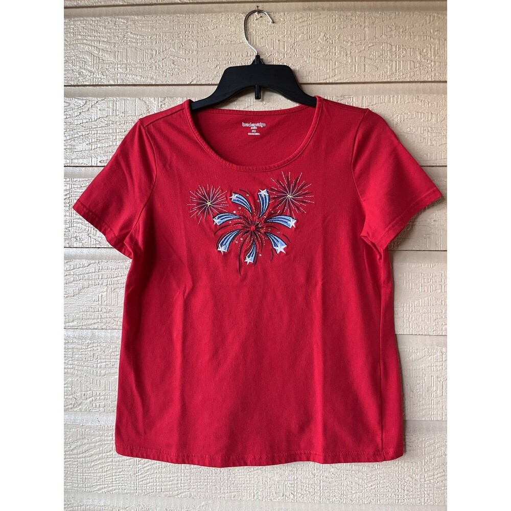 Breckenridge womens Red July 4th Embroidered T Shirt Top size PM Petite Medium